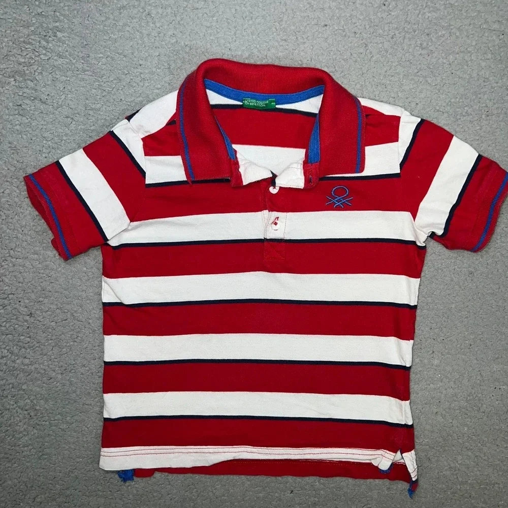 VTG United Colors of Benetton Shirt Youth Sz S Red White Stripe Polo Embroidered